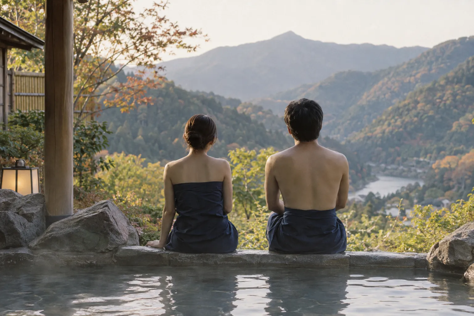 湯浴み着を着て露天風呂の縁に座る二人の後ろ姿のイメージ