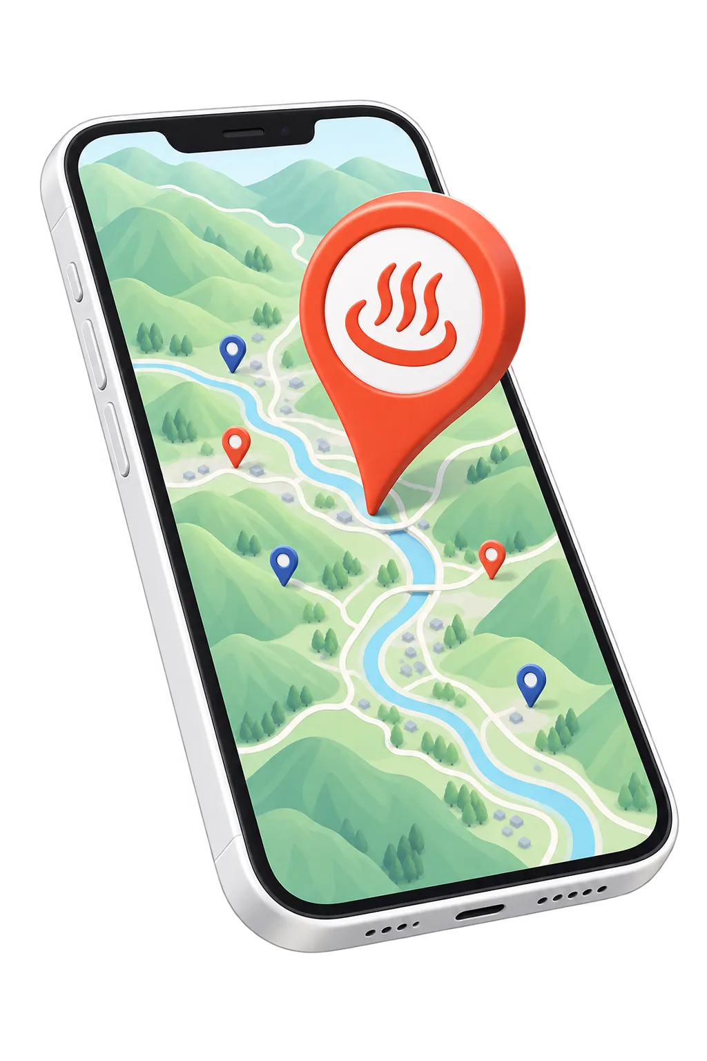 スマホの地図の上に温泉マークのピンが立っているイメージ